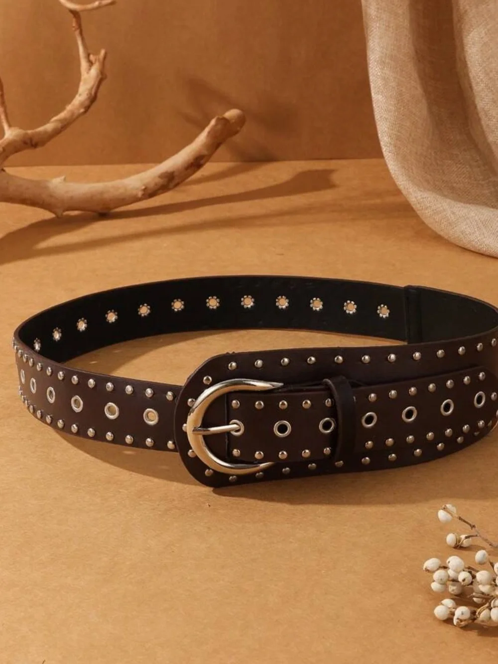 Brown Studded Wide Leather Belt with Antique Silver Buckle